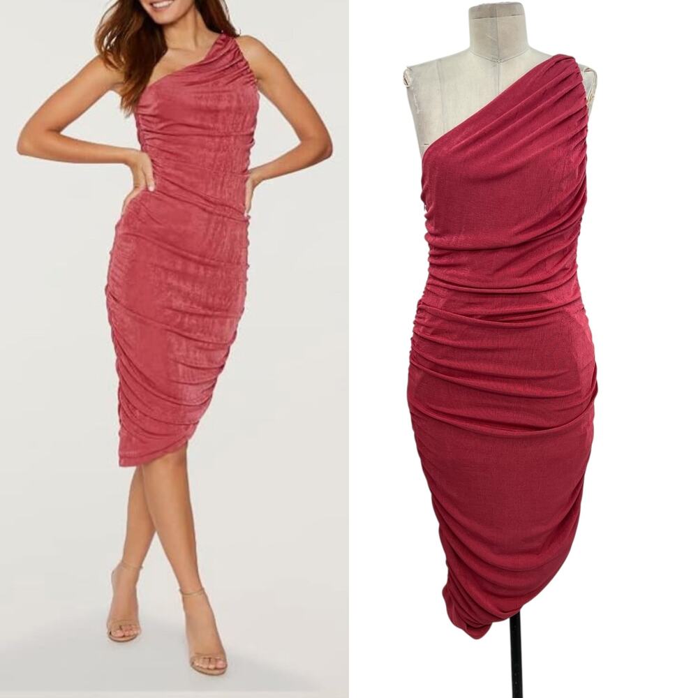 Likely Gemella Dress Midi Ruched Scrunched Bodycon One Shoulder Pink Size‎ 12